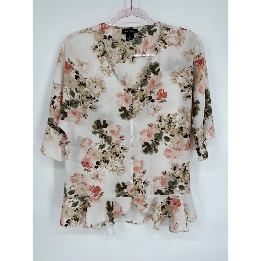Hue Options Women's Medium‎ Floral Print Button-Down 3/4 Sleeve Ruffle Hem Top